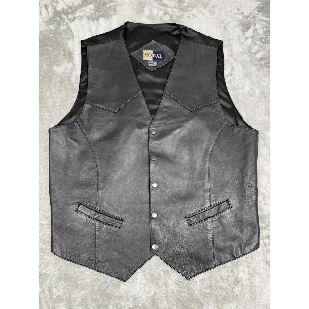 Vintage Modal Black Leather Biker Vest Mens Large L Snap Motorcycle Biker Strap